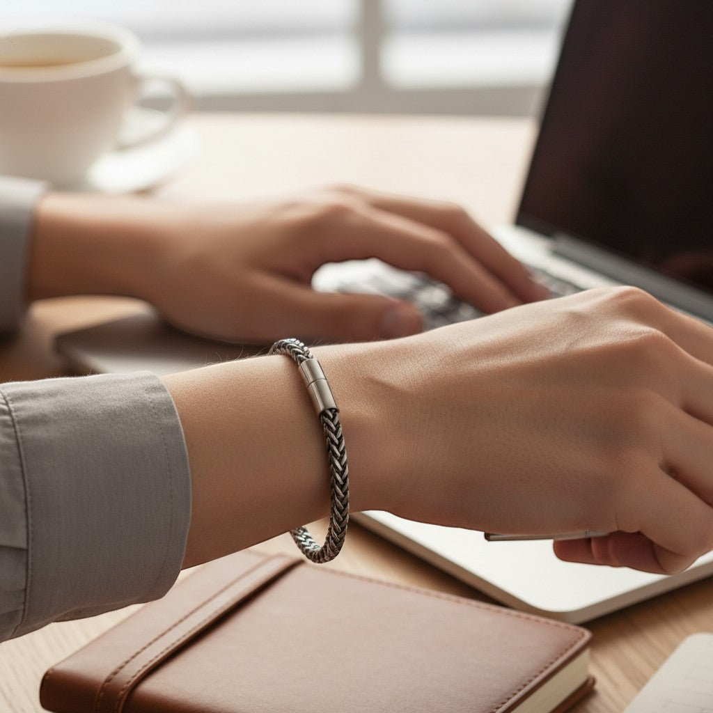 Onurla men's braided steel bracelet with subtle green accents and magnetic clasp.