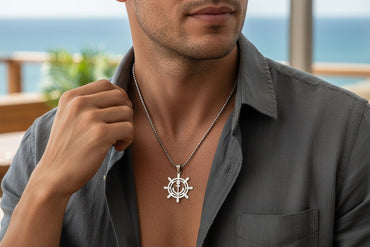 Onurla men's stainless steel necklace with ship wheel and anchor pendant, silver color.