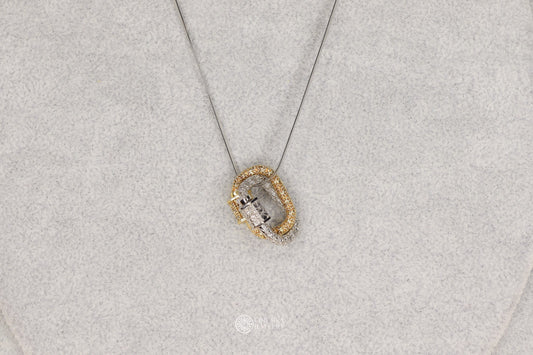 Onurla men's necklace with interlocking gold and silver carabiner pendants, fully encrusted with zircon stones on a fine snake chain.