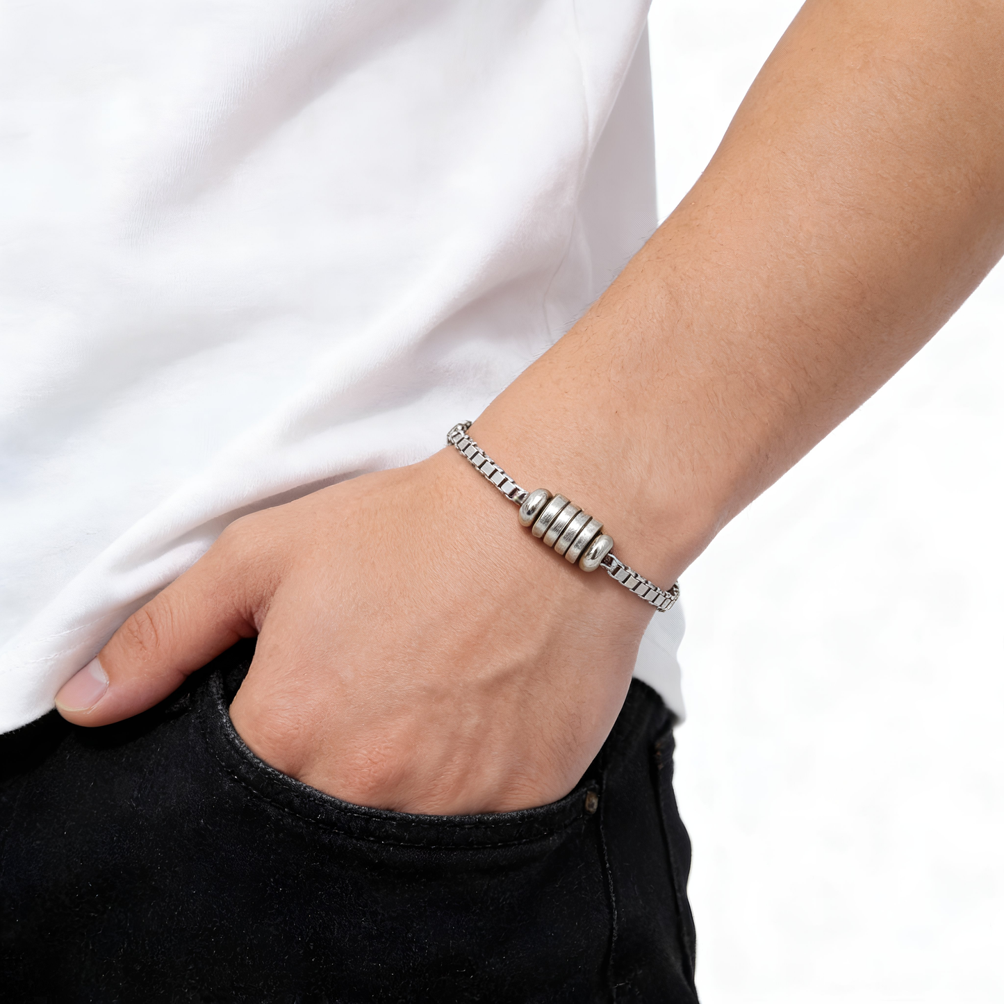 Minimalist Steel Bracelet with Cylindrical Detail